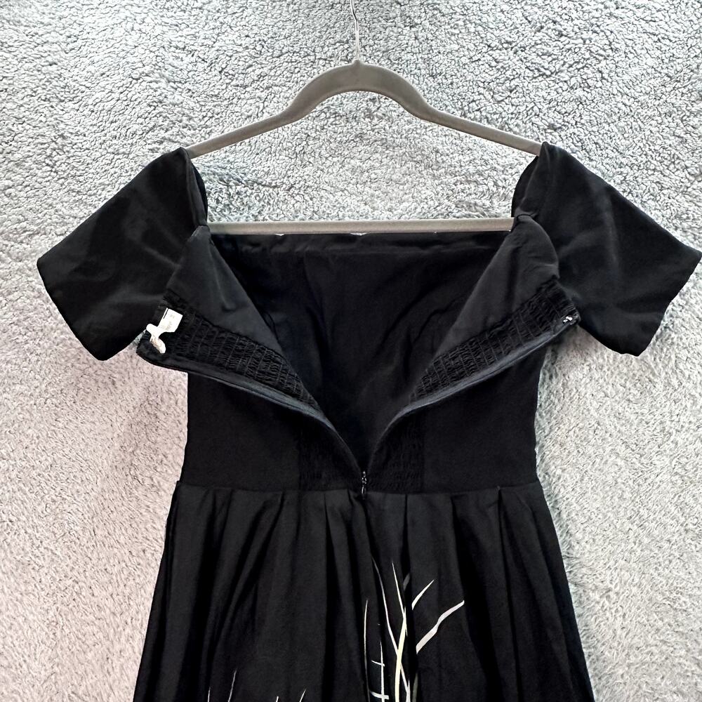 Belle Poque Women's Medium Black Dress Swan Floral Print Scalloped Front Smocked - Picture 9 of 9